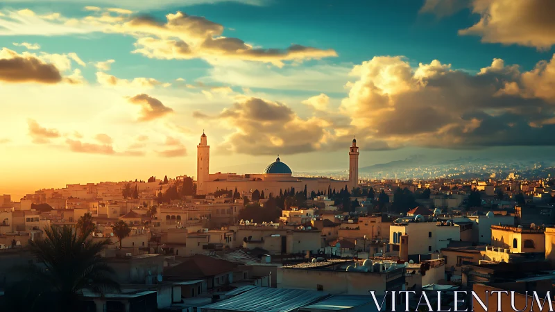 Golden sunset sky welcomes a peaceful Middle Eastern city