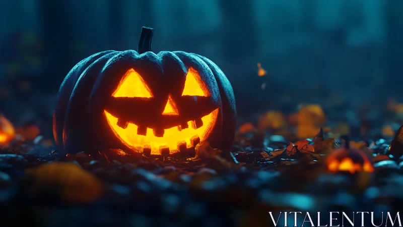 Luminous jack o lantern in misty forest floor environment.