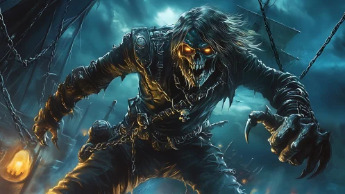 Ghostly pirate captain strides through stormlit haunted deck
