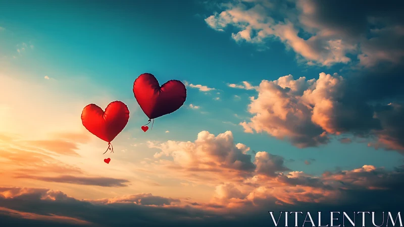 Red heart-shaped balloons floating against sunset sky with clouds