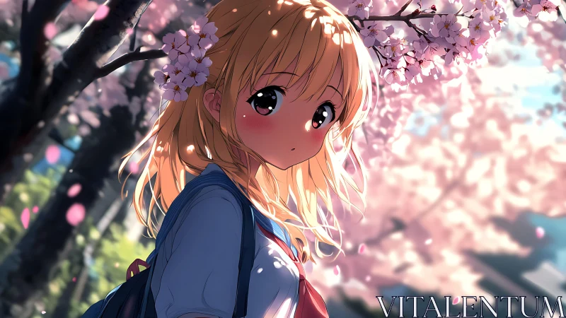 Blonde student figure under cherry blossoms in bloom.