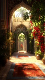 Sunlit Moorish arcade opens onto lush hidden courtyard.
