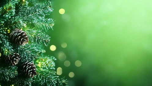 Snow-dusted pine cones hang on evergreen boughs with lights