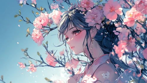 Spring blossom maiden in soft pastel anime portrait.