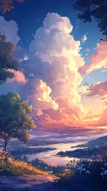 Sunlit clouds rise gently above a glowing riverside valley