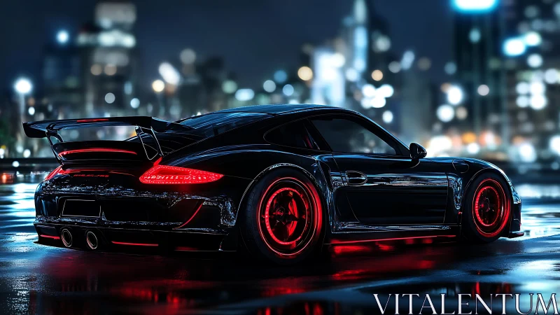 Black sports coupe glows with red neon on wet city street