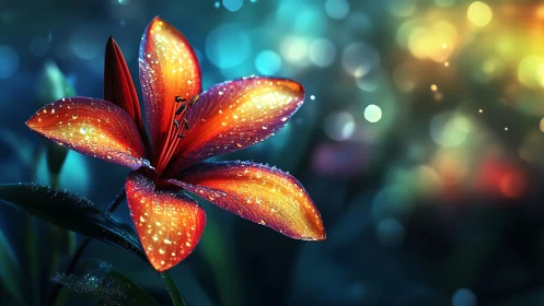 Orange lily flower glows with water droplets in bokeh light