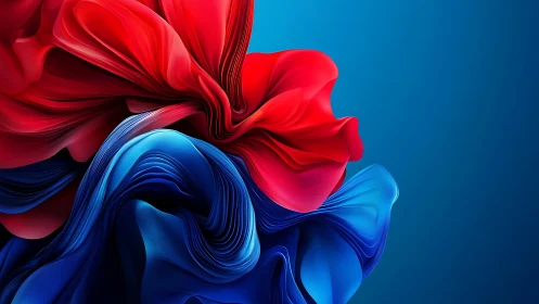 Fluid red and blue folds forming abstract digital bloom.