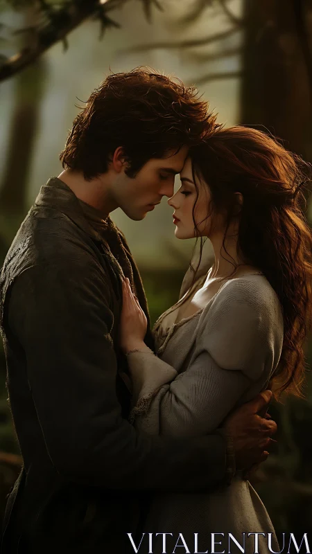 Intimate Couple Portrait with Golden Hour Backlighting and Naturalistic Environment.