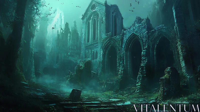 Ruined gothic cathedral stands in misty overgrown forest