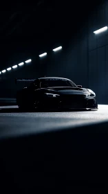 Midnight race car poised under stark tunnel lights.