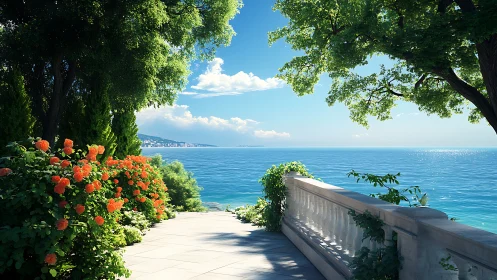 Coastal terrace garden with luminous oceanic horizon view.