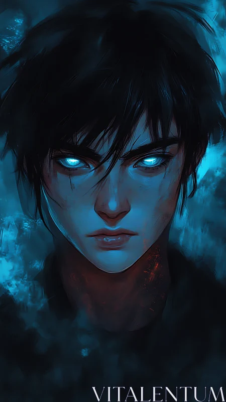 Brooding blue eyed character in dark digital portrait.