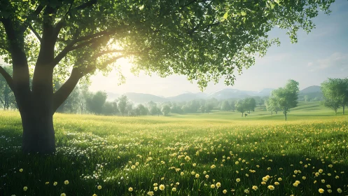 Sunlit tree dominates foreground of grassy meadow landscape