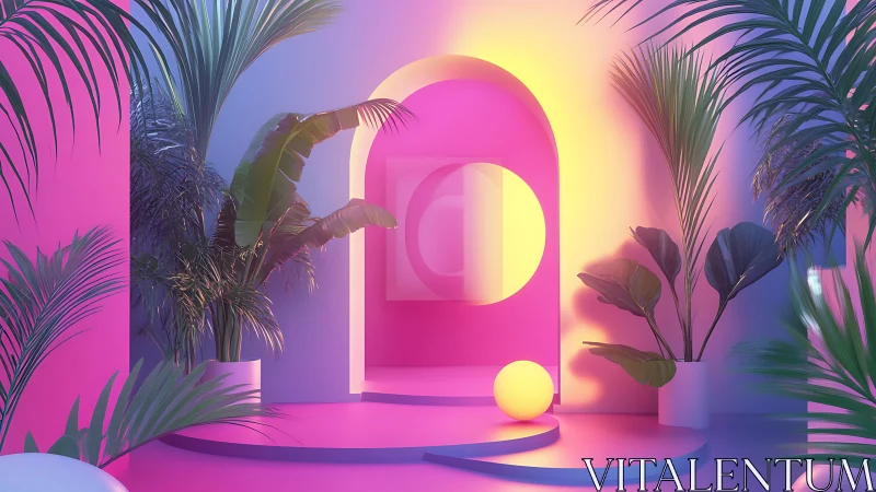 Neon jungle portal bathing tropical leaves in twilight glow.