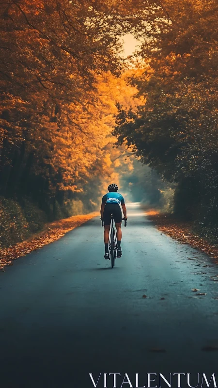 Cyclist Pedaling Through Golden Autumn Tree Tunnel