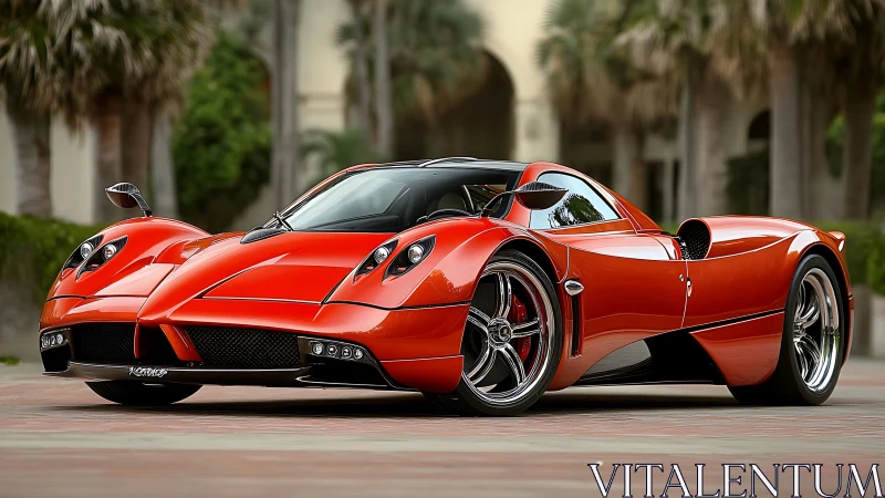 Red mid‑engine sports car parked on palm-lined street.