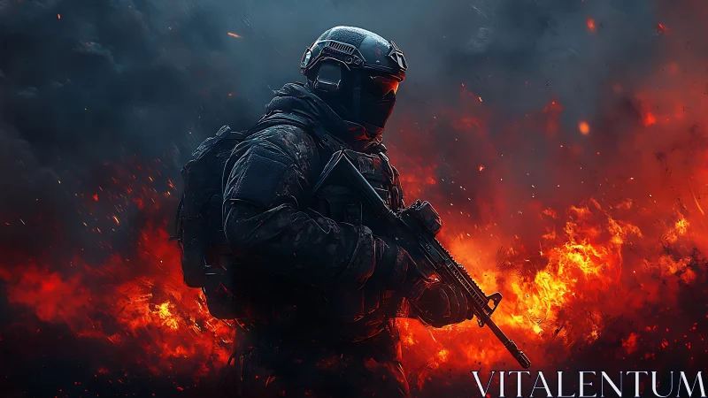 Armored tactical soldier with rifle amid rising flames.