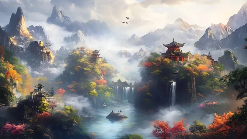 Misty mountain temples overlook cascading waterfalls and river