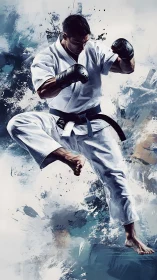 Midair karate storm, black belt poised in painted thunder.