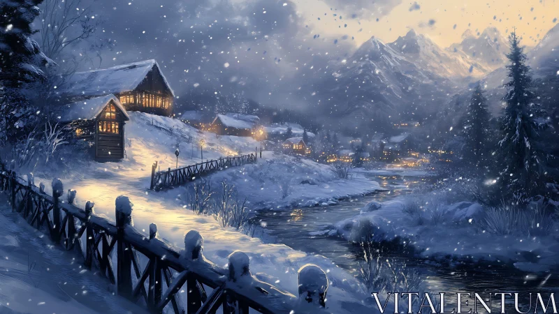 Snowy mountain village with river and warm cabin lights.