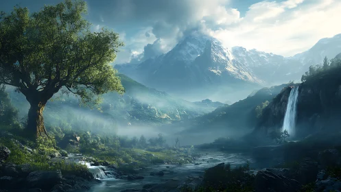 Mountain valley with river, waterfall and solitary tree.