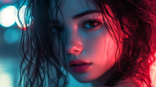 Neon-lit portrait merges cyan glow and crimson shadow.