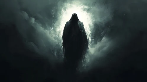 Hooded spectral figure emerges from luminous abyssal mist