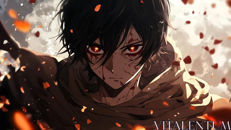 Battle-worn anime warrior locks fiery gaze amid falling embers
