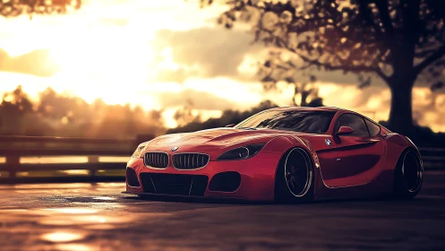 Low-slung red sports coupe under golden hour backlight.
