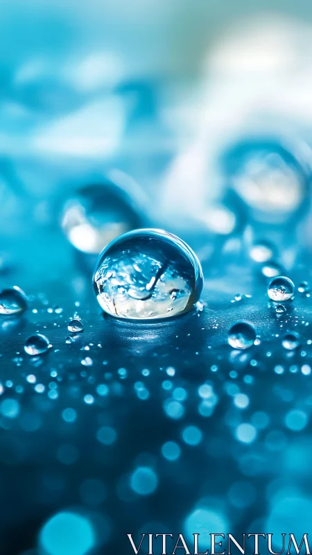 Glistening water droplet rests in dreamy turquoise bokeh haze