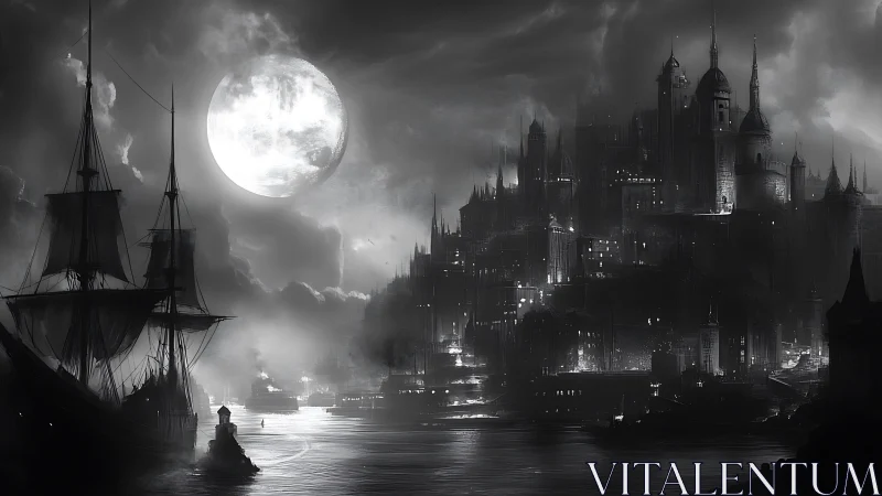 Moonlit gothic harbor city rises under dense storm clouds