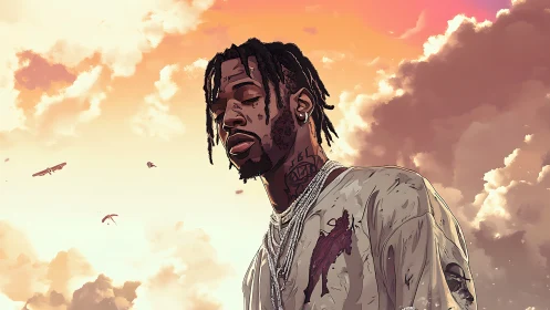 Sunlit streetwear portrait under glowing storm clouds.