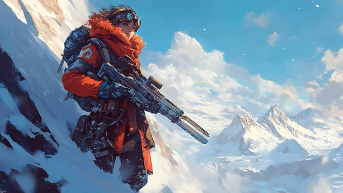 Armed Figure in Snow-Covered Alpine Terrain