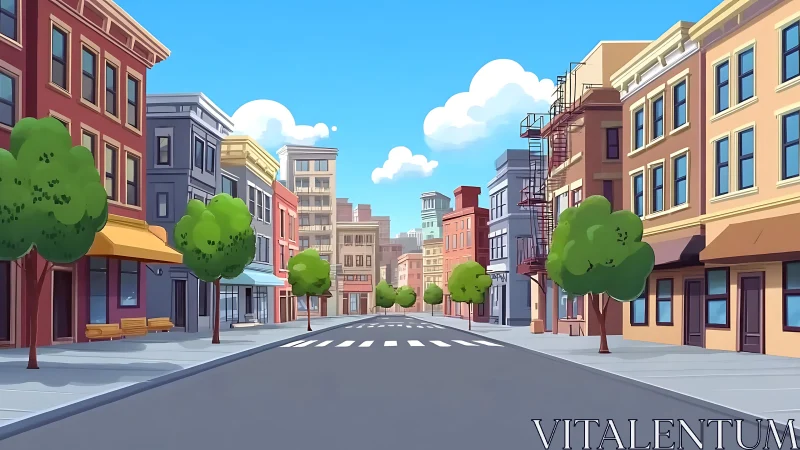 Cartoon urban street with midrise buildings and trees.