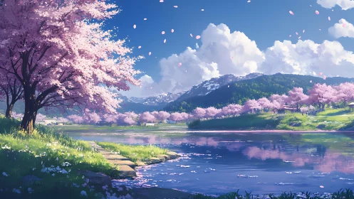 Digital painting landscape of riverside cherry blossoms in spring.
