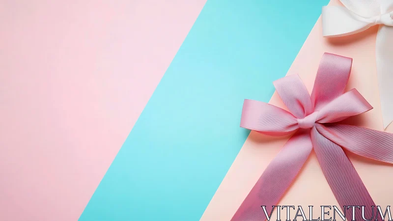 Pink Ribbon Bow on Pastel Background Flat Lay.