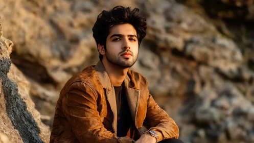 Thoughtful young man rests calmly against rugged stone cliffs