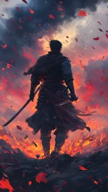 Lone warrior walks through fire toward a stormy horizon.