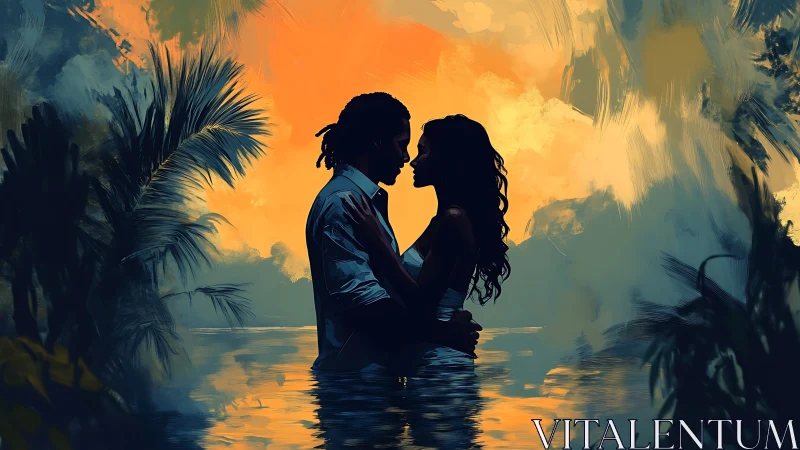 Silhouetted figures in water with tropical vegetation and sunset.