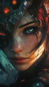 Battle-worn female cyborg portrait with glowing tech eye.