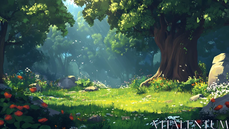 Ancient forest clearing with sunlit glade surrounded by mature trees