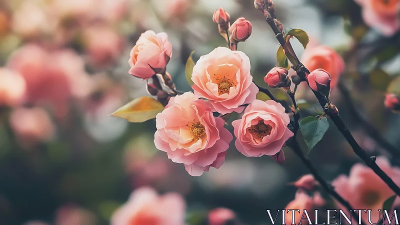 Coral Rose Blooms Against Soft Garden Blur.