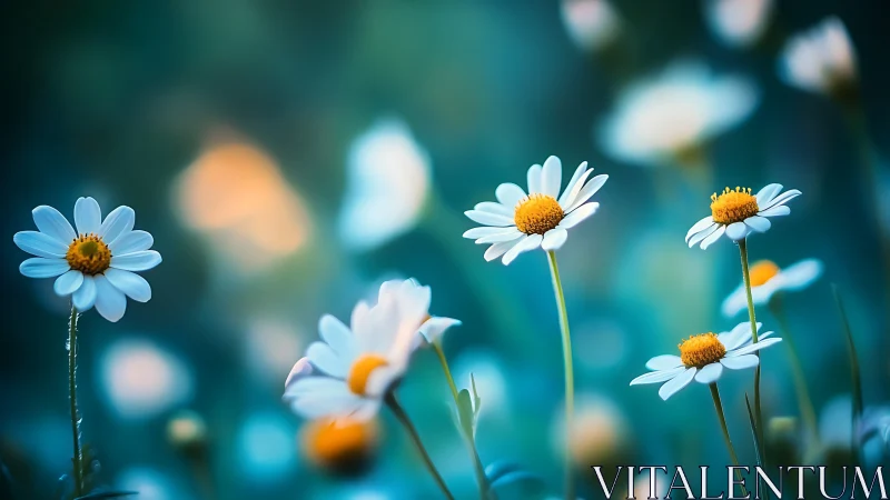 White Daisies with Golden Centers in Soft Focus Teal Garden
