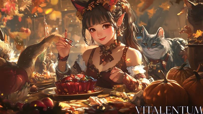 Cat-eared girl sits at autumn feast table with berry tart