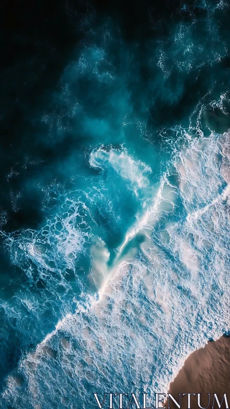 Roaring turquoise surf rolls onto a sunlit sandy shore.