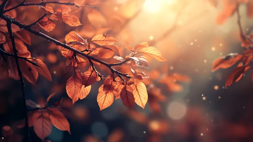 Golden autumn leaves glow gently in soft evening light