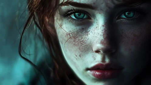 Digital portrait shows freckled face with vivid teal eyes