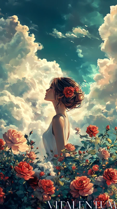 Dreamy girl among glowing roses and drifting clouds.