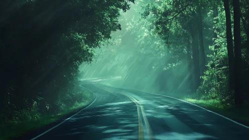 Immersive forest tunnel landscape with volumetric light rays and curved asphalt roadway.